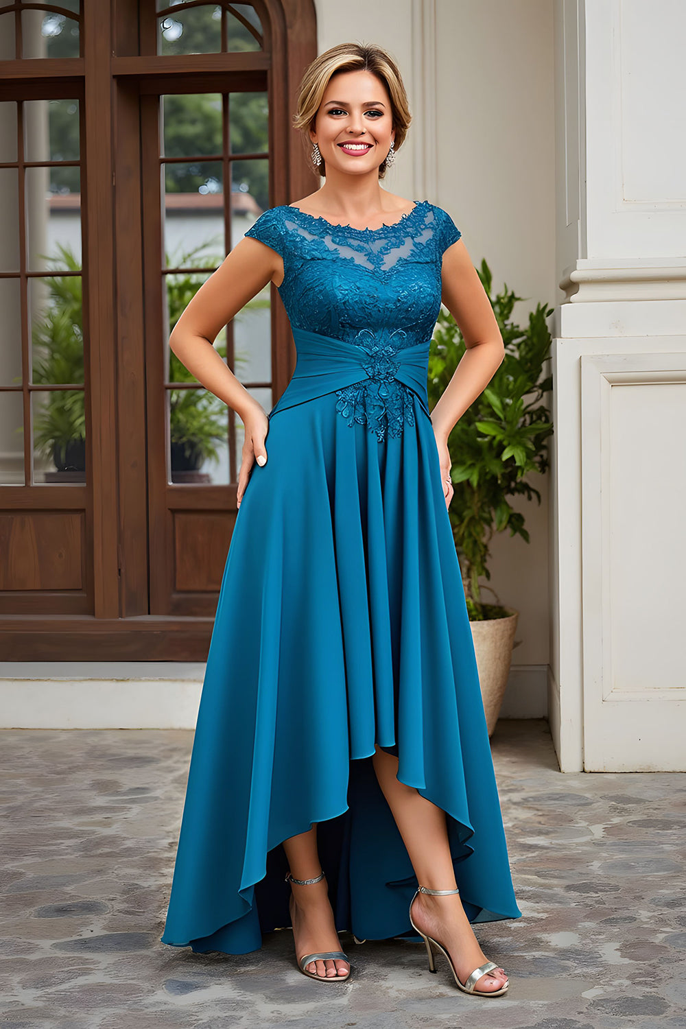 Peacock Blue A Line Chiffon Asymmetrical Mother of the Bride Dress with Lace