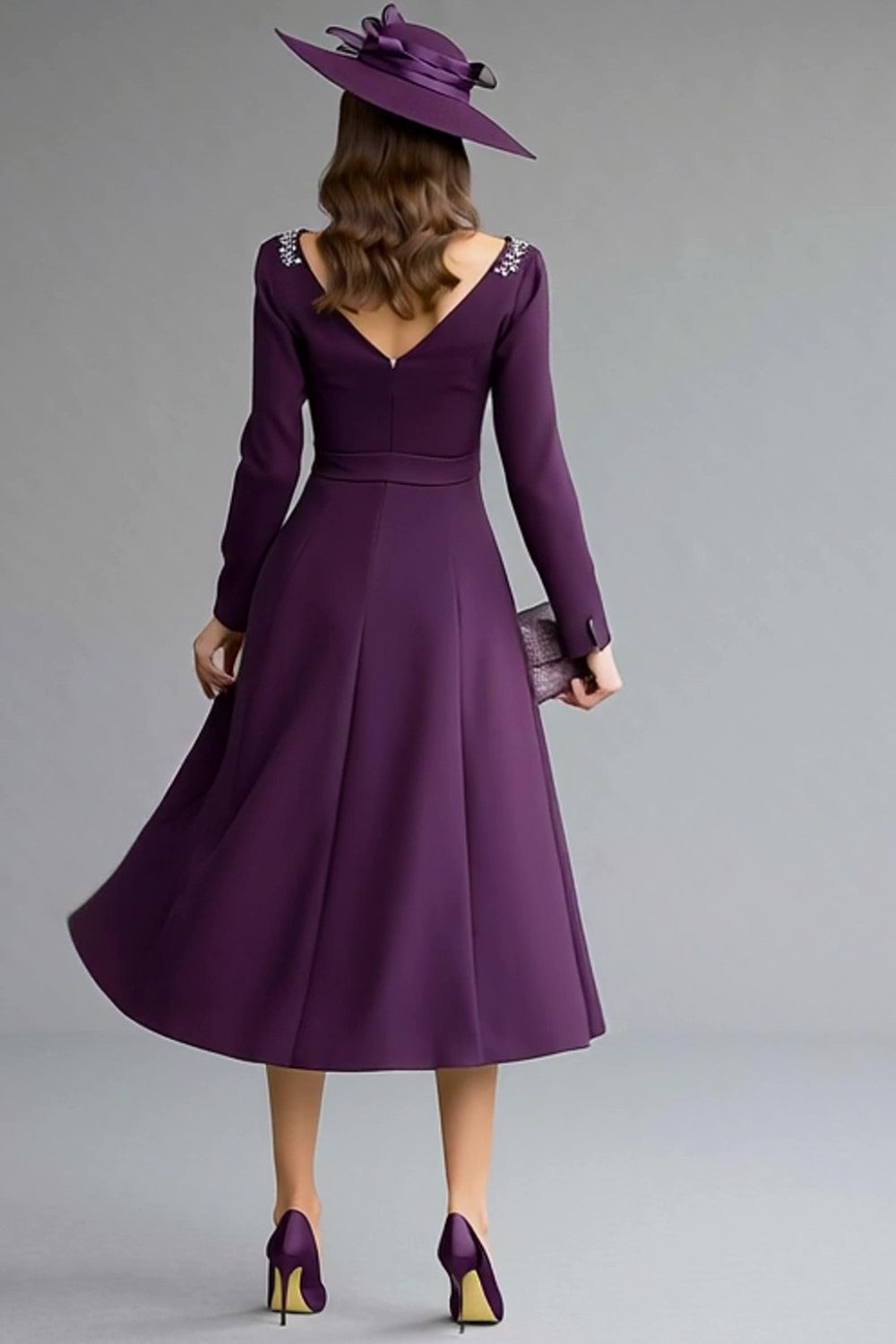 Sparkly Dark Purple Boat Neck Midi Mother of the Bride Dress with Beading