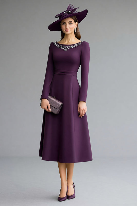 Sparkly Dark Purple Boat Neck Midi Mother of the Bride Dress with Beading