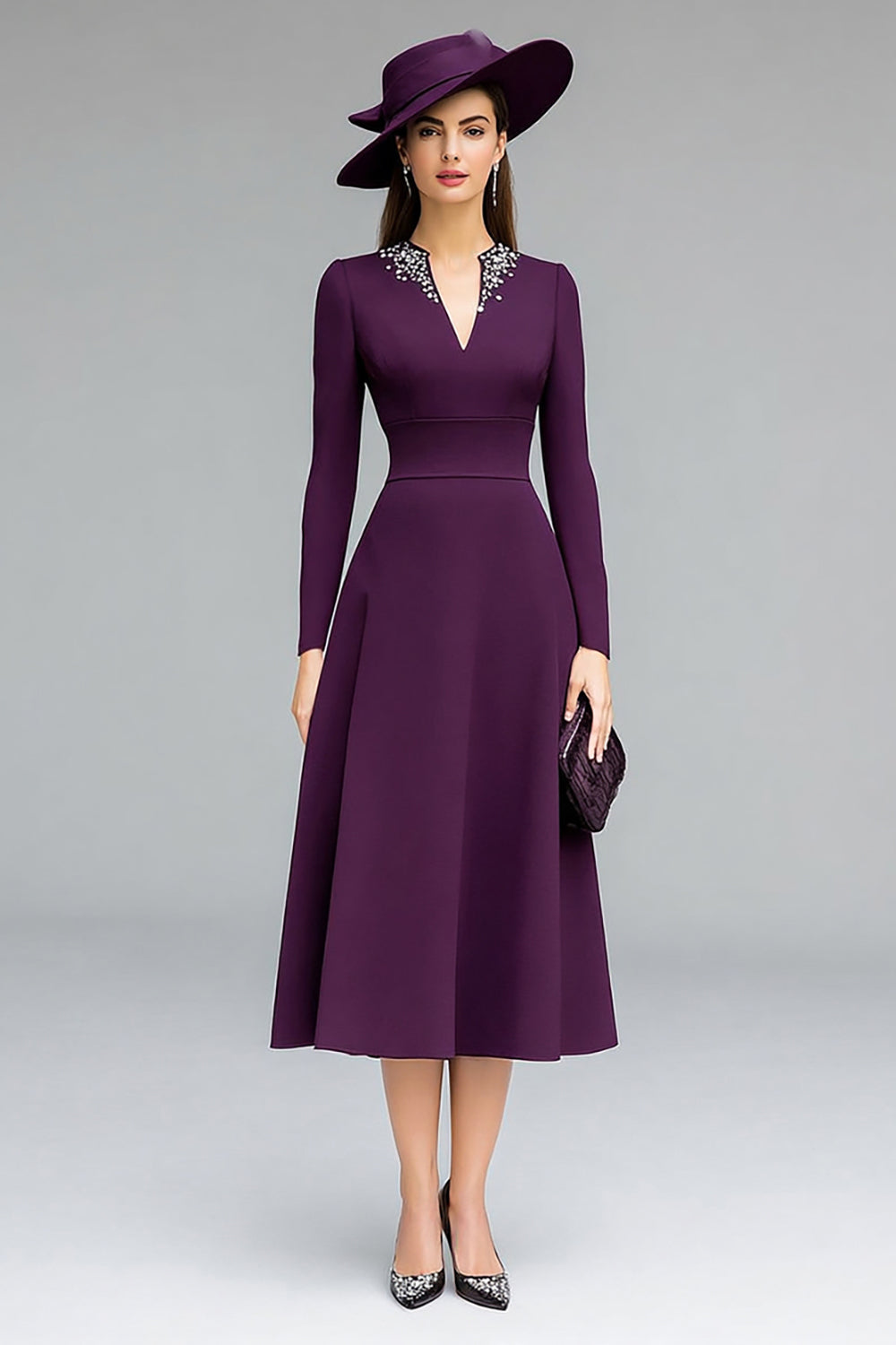Sparkly Dark Purple V-Neck Midi Mother of the Bride Dress with Beading