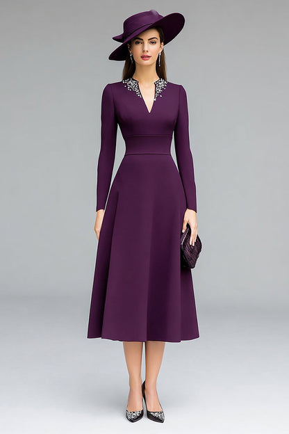 Sparkly Dark Purple V-Neck Midi Mother of the Bride Dress with Beading