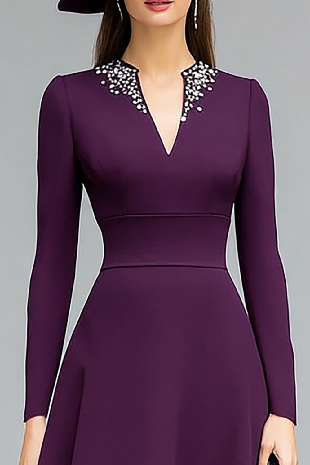 Sparkly Dark Purple V-Neck Midi Mother of the Bride Dress with Beading