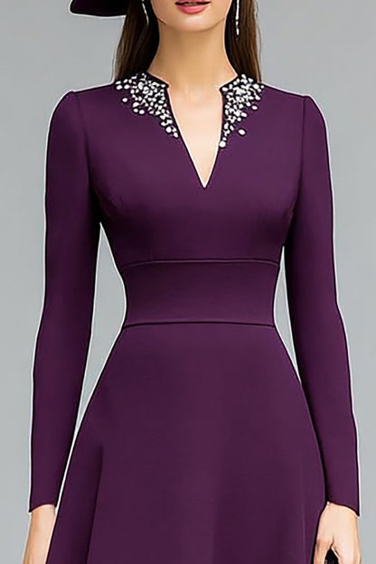 Sparkly Dark Purple V-Neck Midi Mother of the Bride Dress with Beading