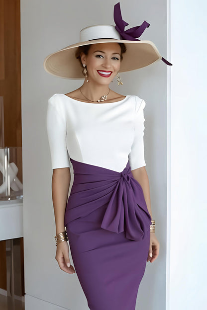 Grape Scoop Neck Bodycon Midi Mother of the Bride Dress with Sleeves
