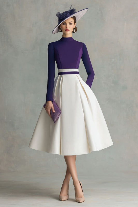 Plum High Neck Satin Midi Mother of the Bride Dress with Sleeves