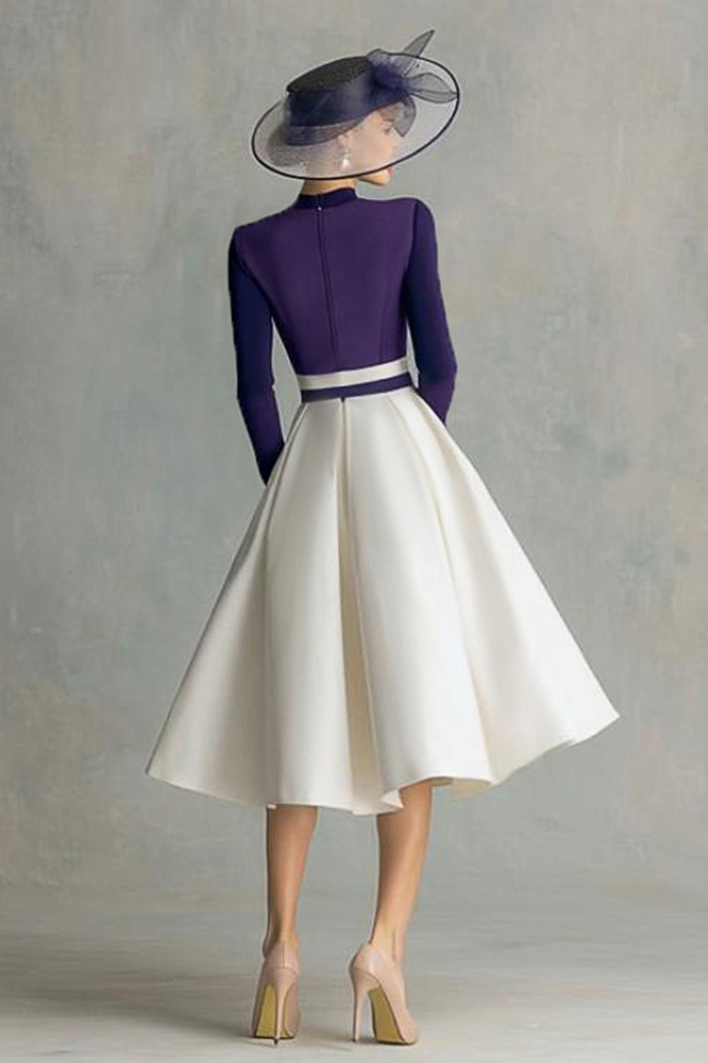 Plum High Neck Satin Midi Mother of the Bride Dress with Sleeves