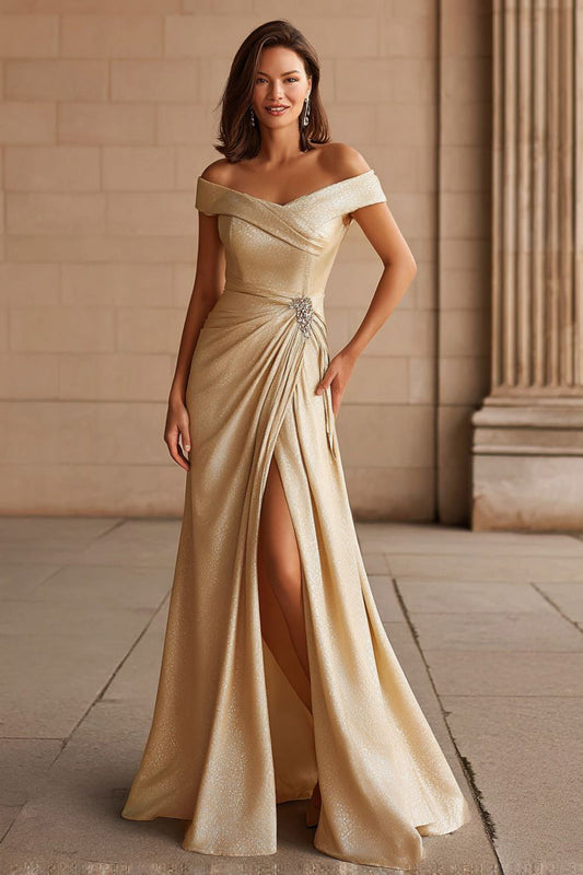 Champagne Off the Shoulder Long Mother of the Bride Dress with Slit