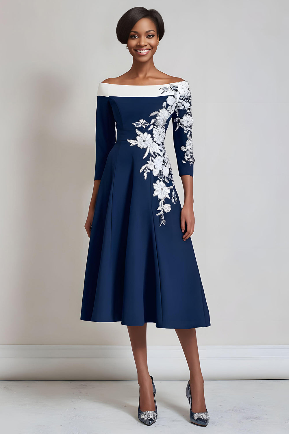 navy floral a line dress Midi Mother of the Bride with Sleeves – Loveiss Family Celebration A Line V Neck Size:Us Size 16 adding a refined touch
