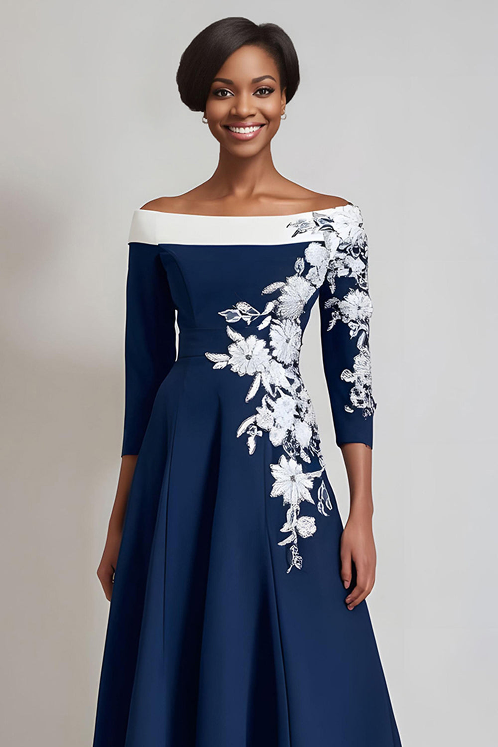Navy Floral A Line Midi Mother of the Bride Dress with Sleeves