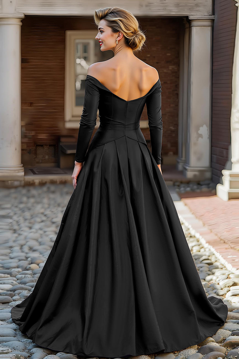 Plum Off the Shoulder A Line Long Mother of the Bride Dress with Sleeves