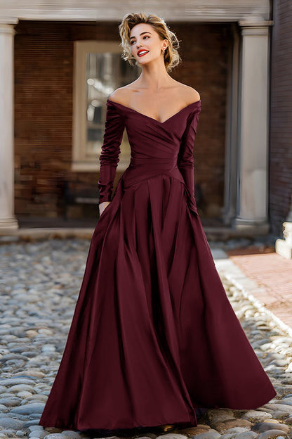 Plum Off the Shoulder A Line Long Mother of the Bride Dress with Sleeves