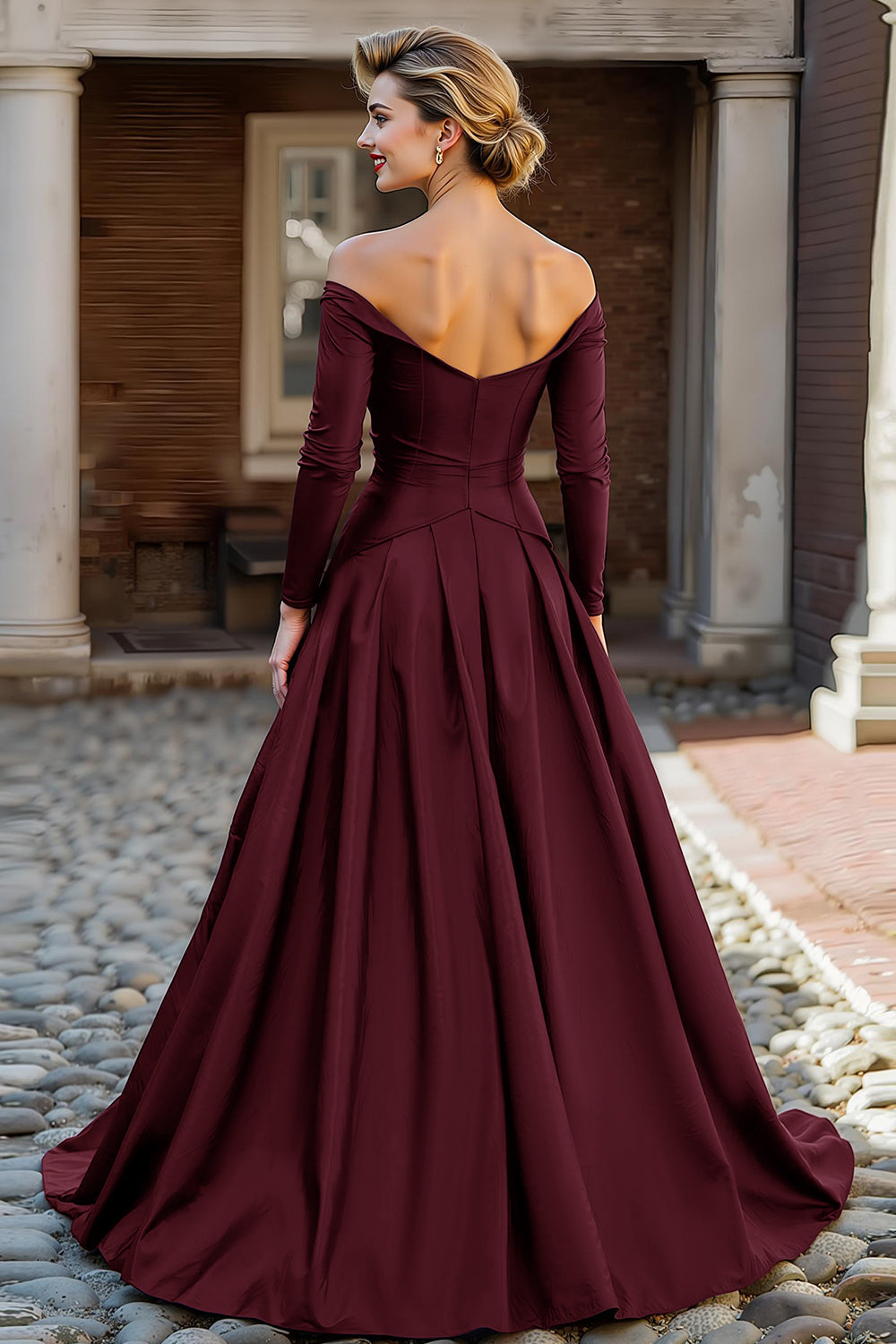 Plum Off the Shoulder A Line Long Mother of the Bride Dress with Sleeves