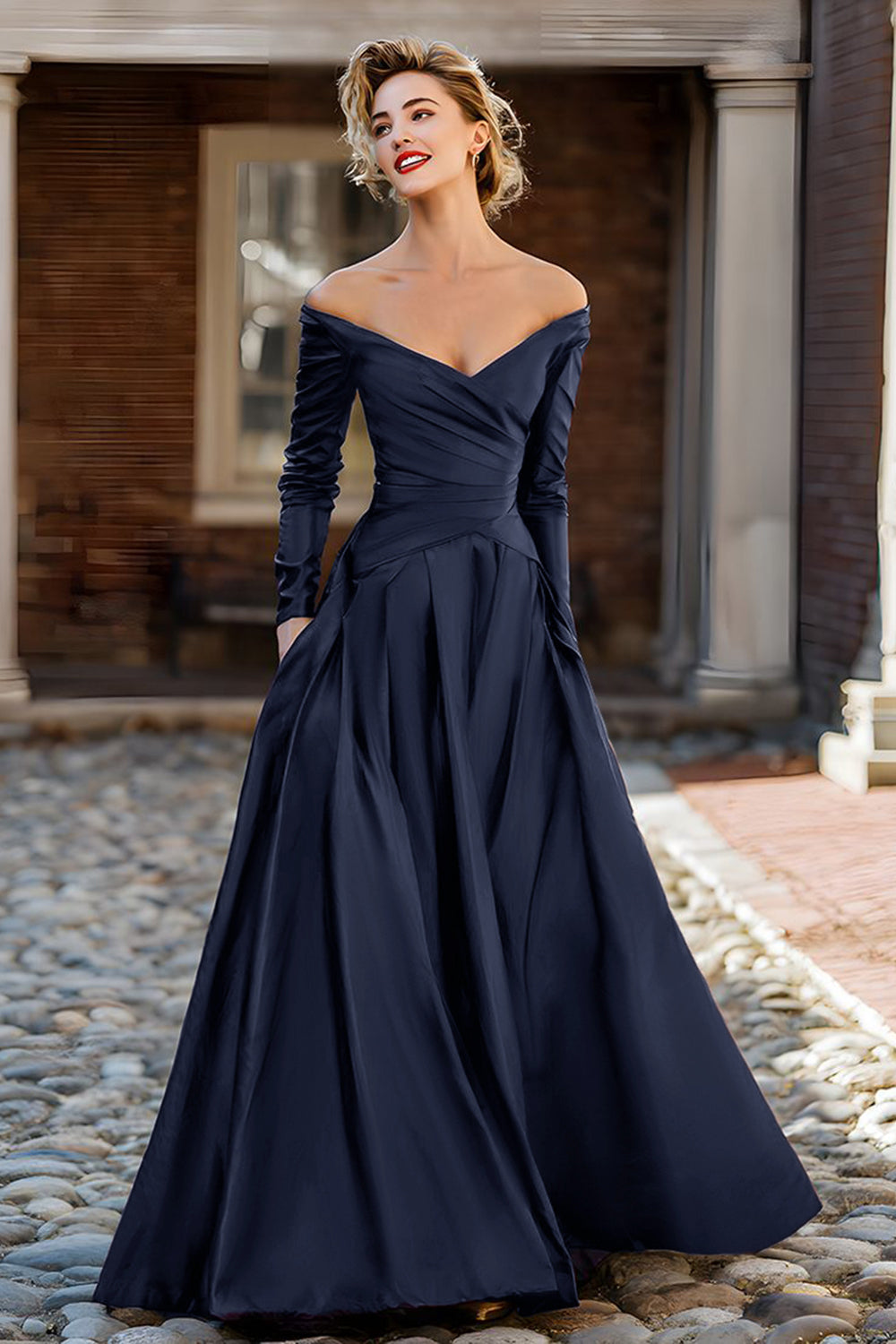 Plum Off the Shoulder A Line Long Mother of the Bride Dress with Sleeves