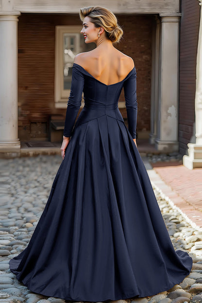 Plum Off the Shoulder A Line Long Mother of the Bride Dress with Sleeves