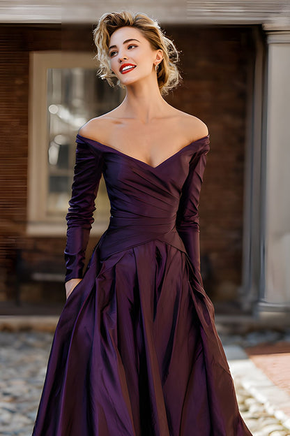 Plum Off the Shoulder A Line Long Mother of the Bride Dress with Sleeves