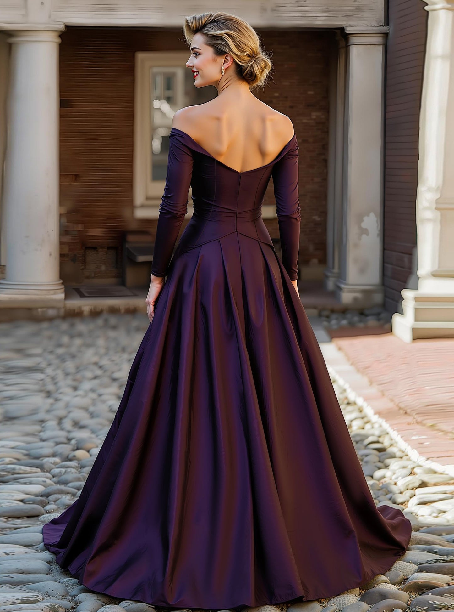 Plum Off the Shoulder A Line Long Mother of the Bride Dress with Sleeves