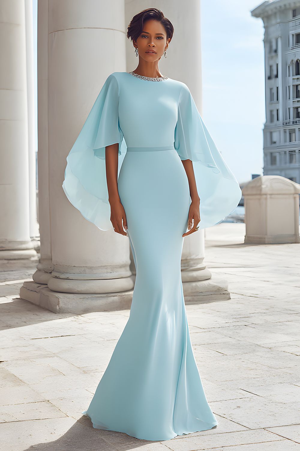 Light Blue Mermaid Long Mother of the Bride Dress with Sleeves