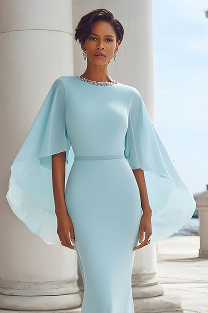 Light Blue Mermaid Long Mother of the Bride Dress with Sleeves