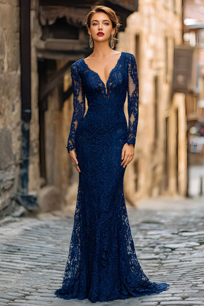 Navy Lace Mermaid V-Neck Long Mother of the Bride Dress