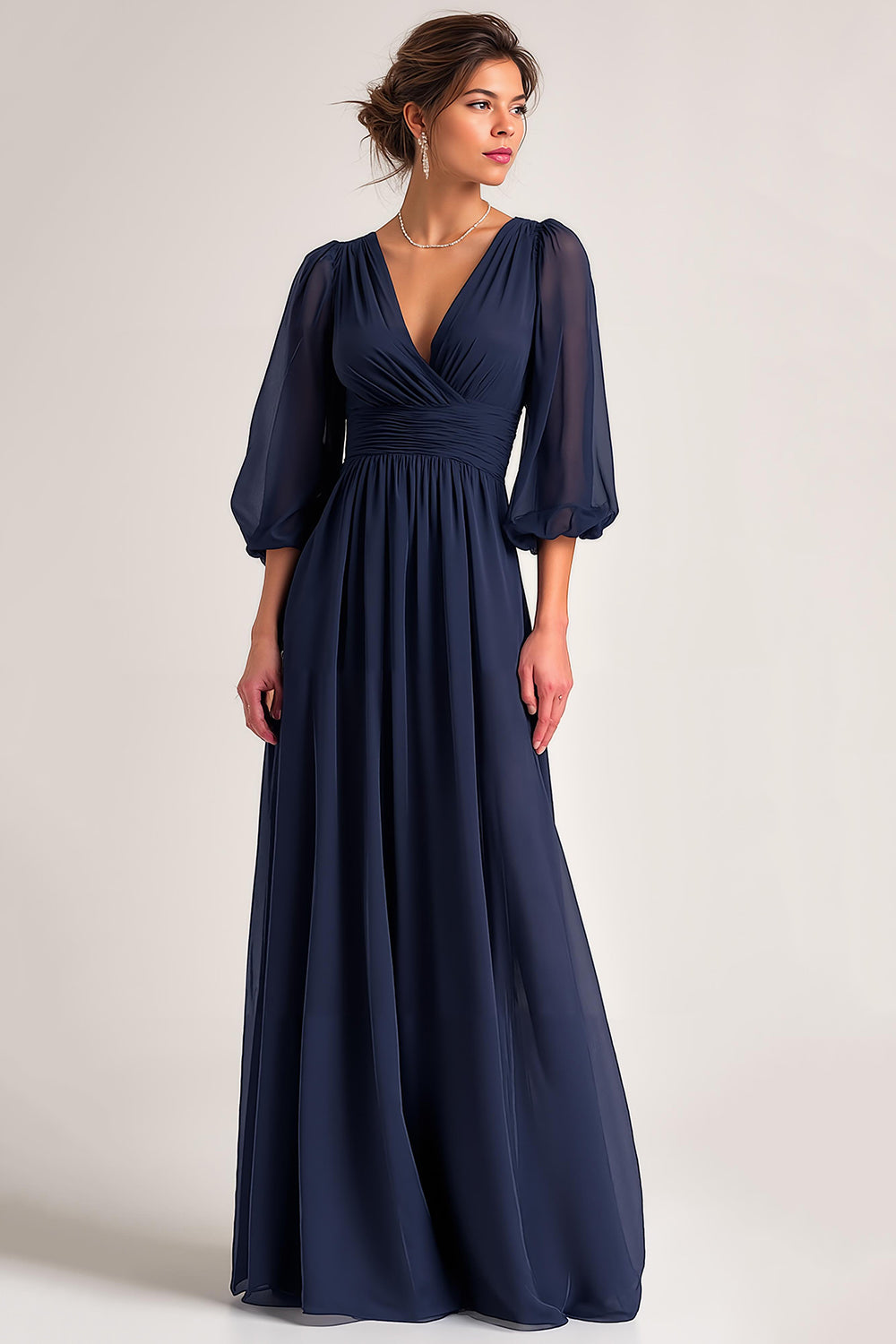 Navy V-Neck A Line Chiffon Long Mother of the Bride Dress with Sleeves