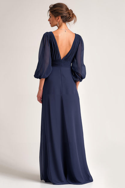 Navy V-Neck A Line Chiffon Long Mother of the Bride Dress with Sleeves
