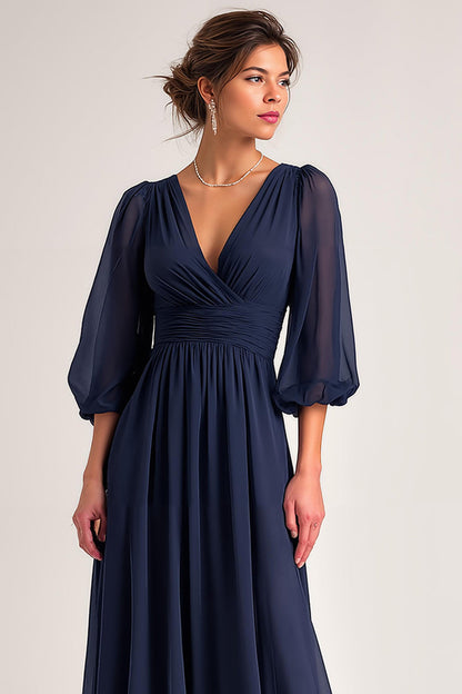 Navy V-Neck A Line Chiffon Long Mother of the Bride Dress with Sleeves