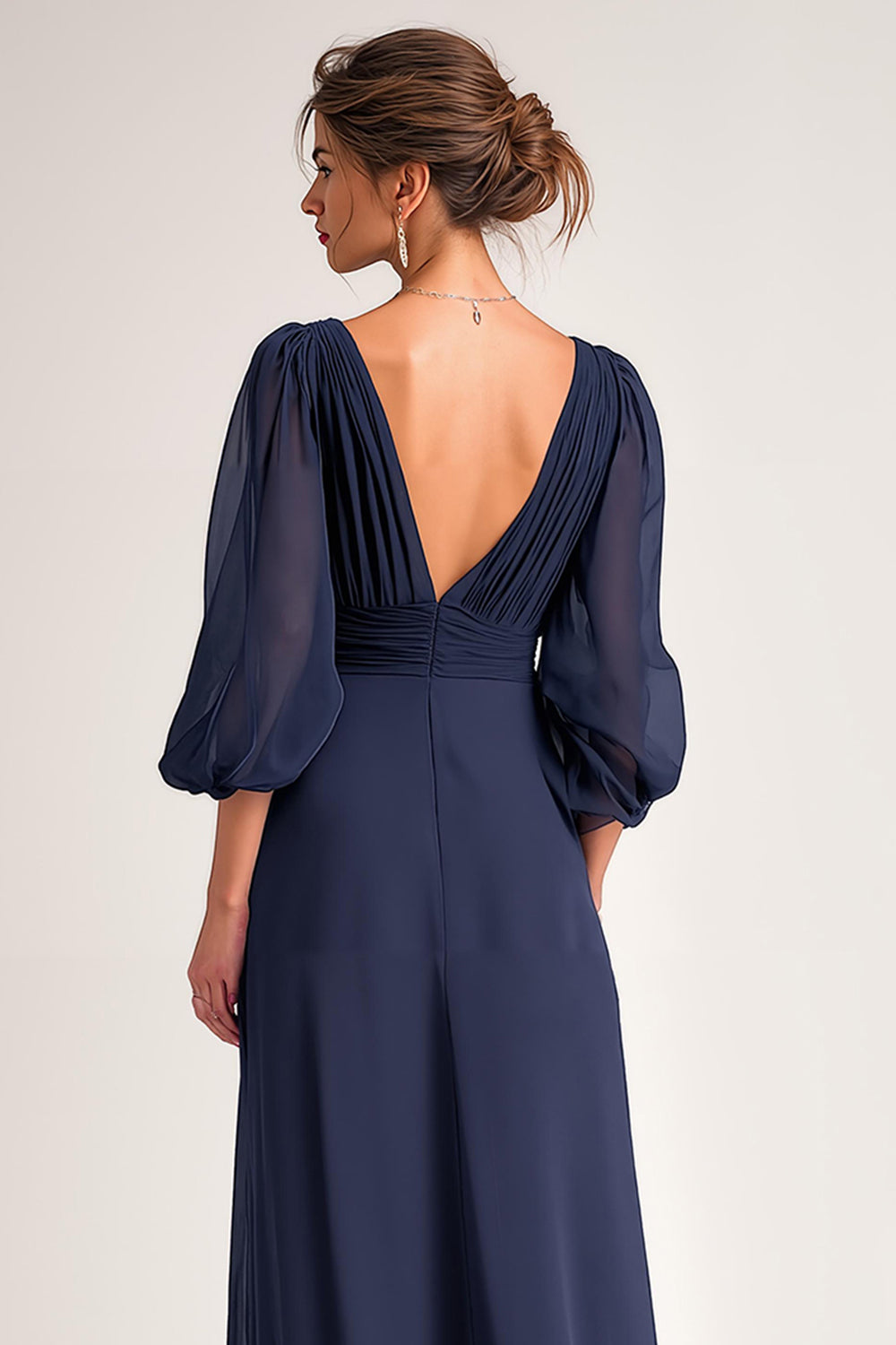 Navy V-Neck A Line Chiffon Long Mother of the Bride Dress with Sleeves