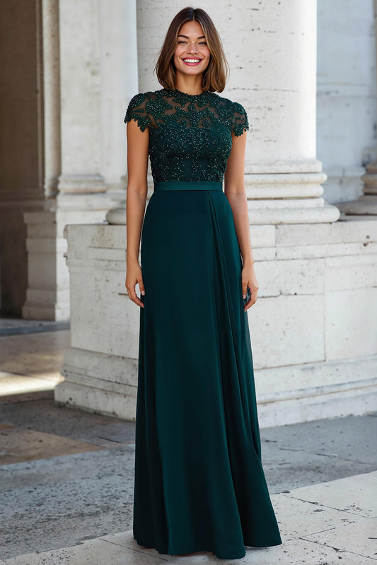 Peacock Green Round Neck Chiffon A-Line Long Mother of the Bride Dress with Beading