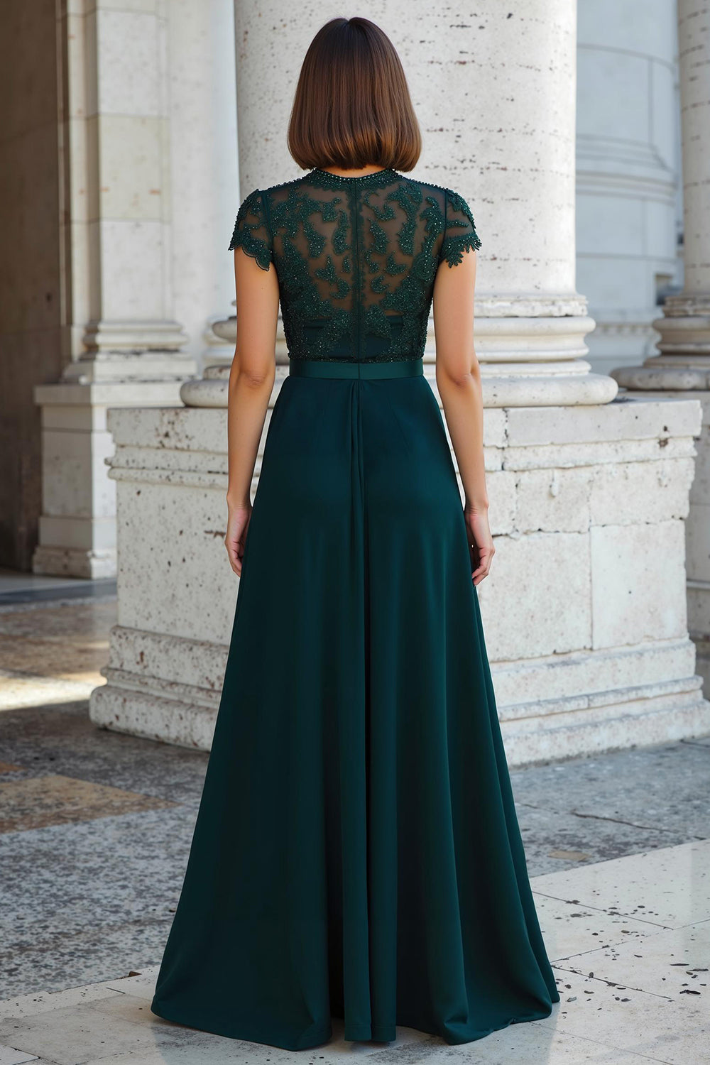 Peacock Green Round Neck Chiffon A-Line Long Mother of the Bride Dress with Beading