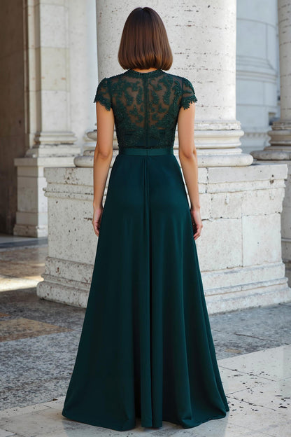 Peacock Green Round Neck Chiffon A-Line Long Mother of the Bride Dress with Beading