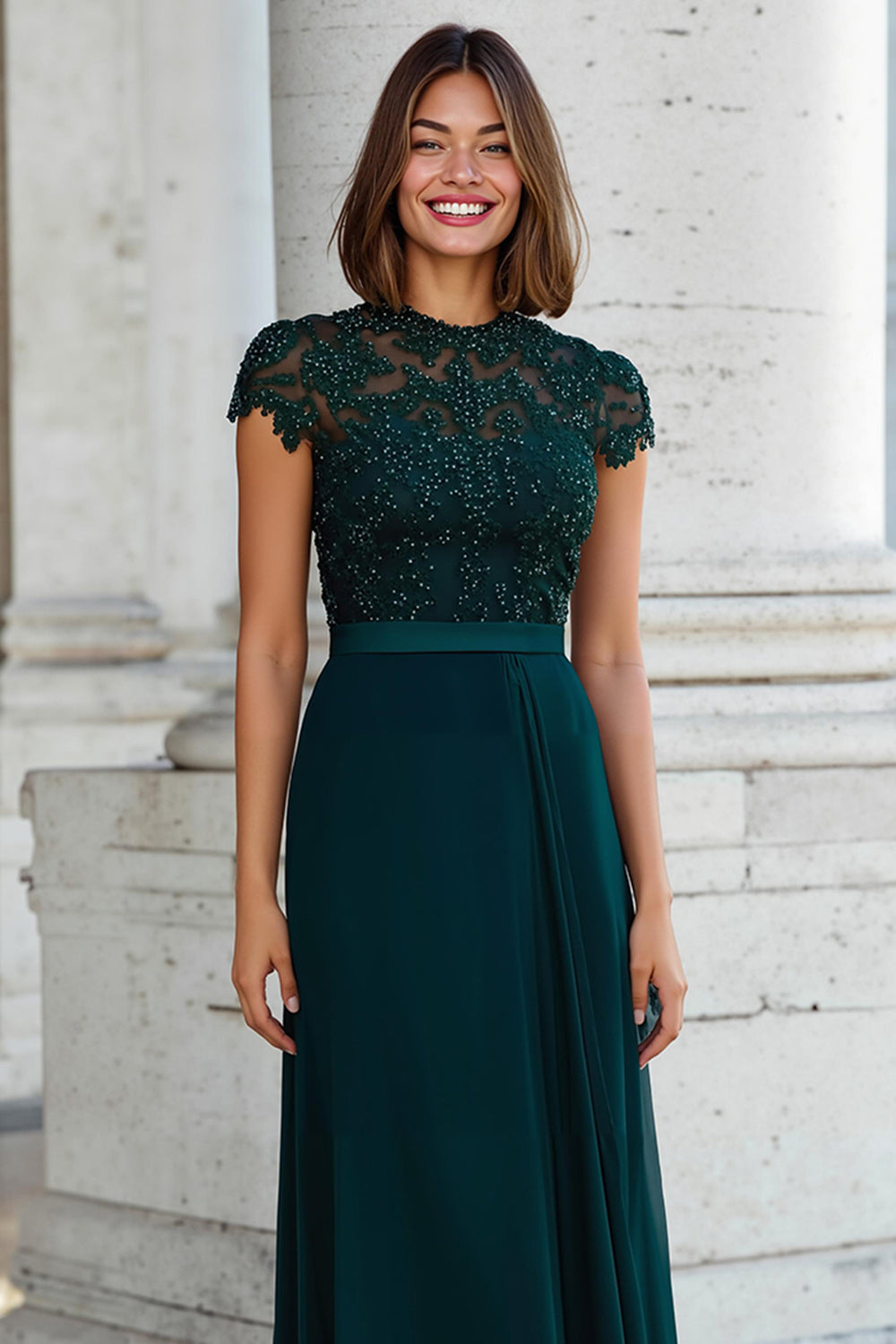 Peacock Green Round Neck Chiffon A-Line Long Mother of the Bride Dress with Beading