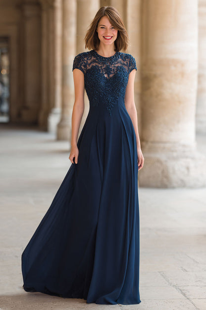 Navy Chiffon Round Neck A-Line Long Mother of the Bride Dress with Lace