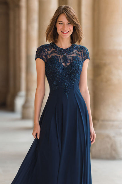 Navy Chiffon Round Neck A-Line Long Mother of the Bride Dress with Lace