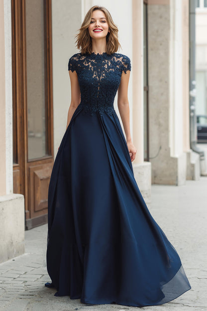 Navy Round Neck A-Line Chiffon Long Mother of the Bride Dress with Lace