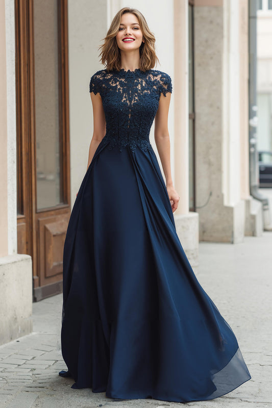 Navy Round Neck A-Line Chiffon Long Mother of the Bride Dress with Lace
