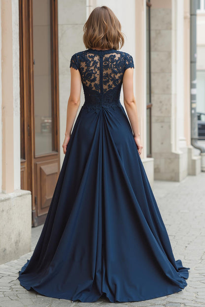 Navy Round Neck A-Line Chiffon Long Mother of the Bride Dress with Lace