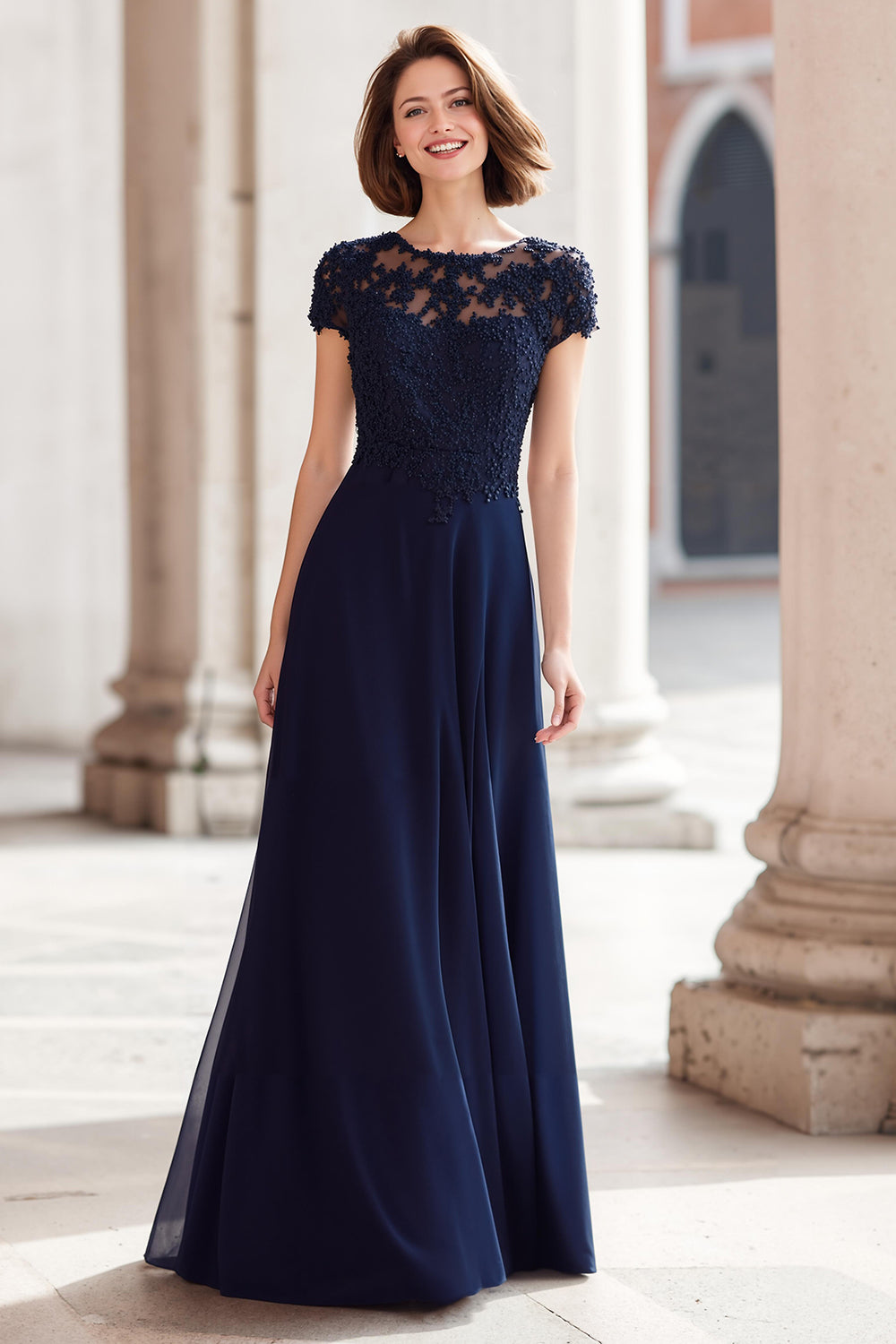 Navy Round Neck Chiffon A-Line Long Mother of the Bride Dress with Appliques