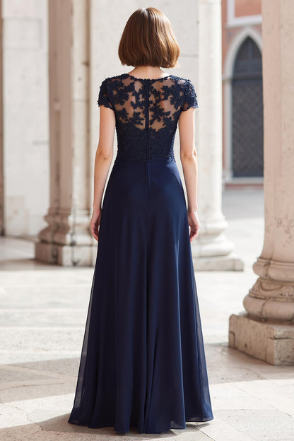 Navy Round Neck Chiffon A-Line Long Mother of the Bride Dress with Appliques