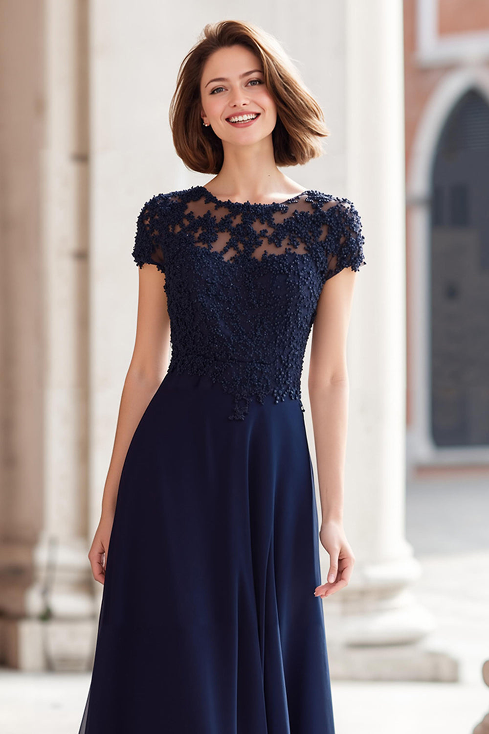 Navy Round Neck Chiffon A-Line Long Mother of the Bride Dress with Appliques