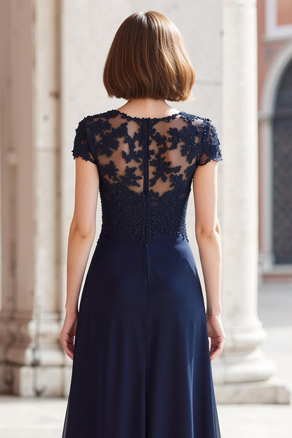 Navy Round Neck Chiffon A-Line Long Mother of the Bride Dress with Appliques