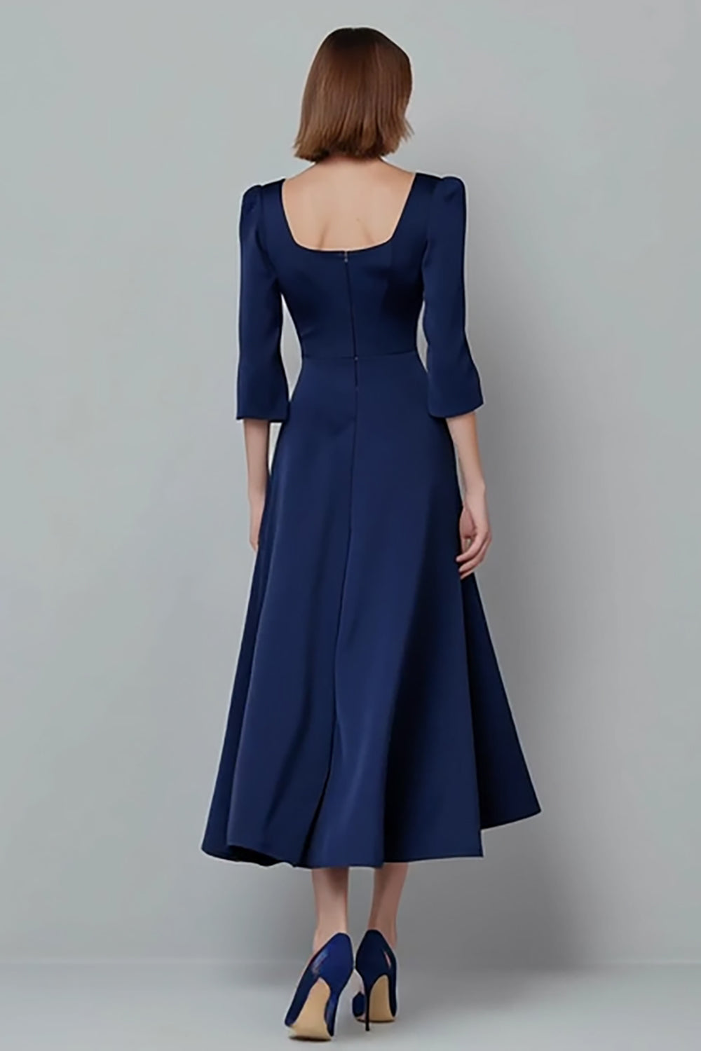 Navy Satin A Line Square Neck Long Work Dress with Sleeves