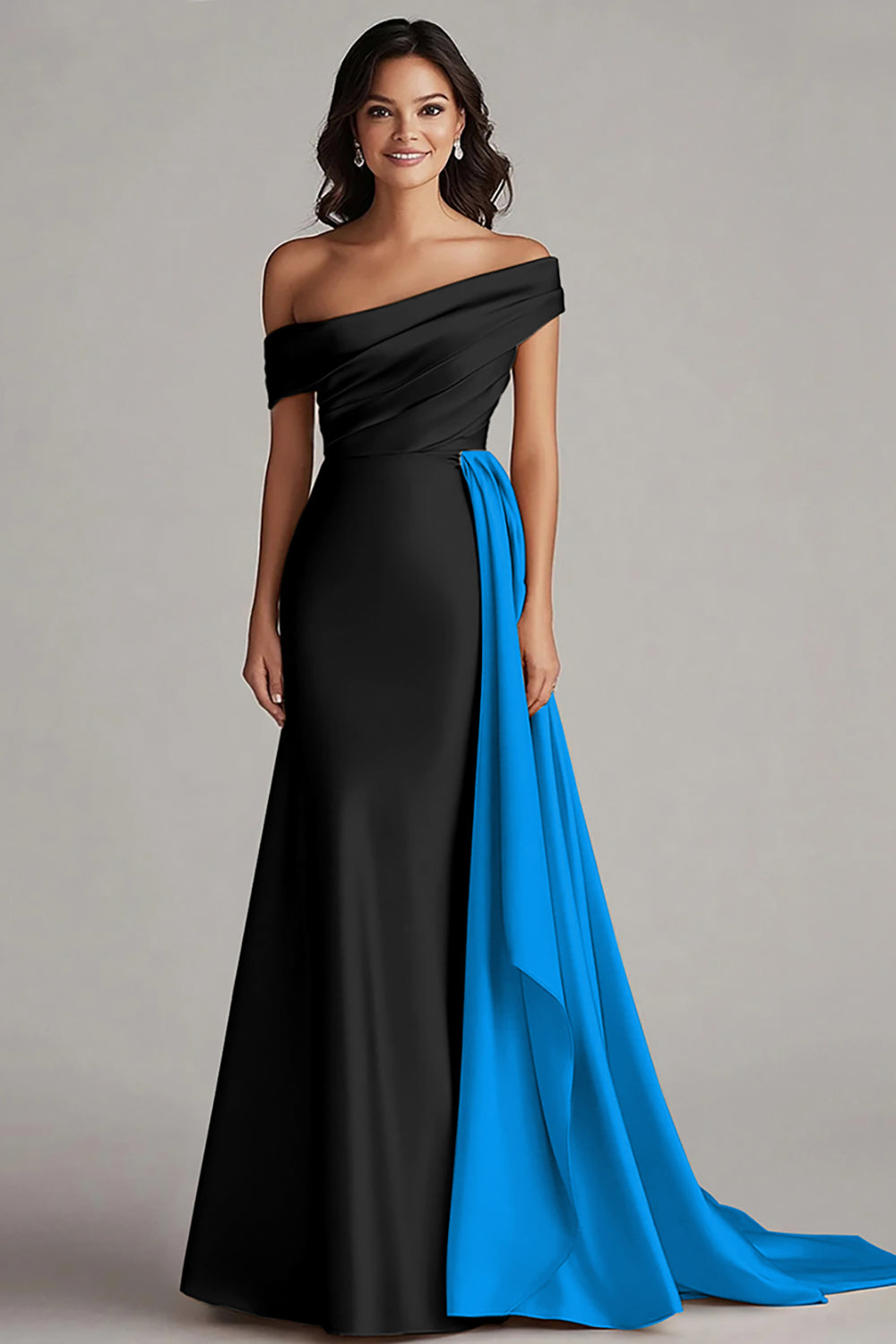 Black and Blue Satin Mermaid Off the Shoulder Long Formal Dress