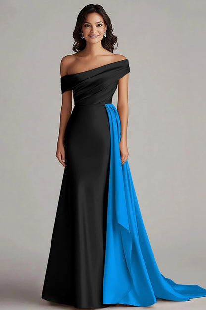 Black and Blue Satin Mermaid Off the Shoulder Long Formal Dress