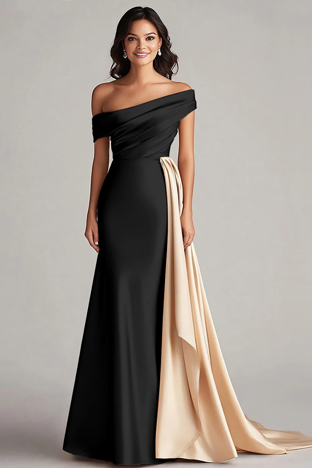 Black and Blue Satin Mermaid Off the Shoulder Long Formal Dress
