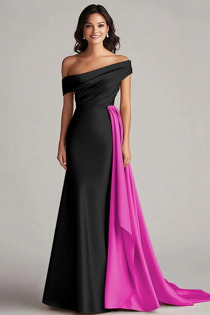 Black and Blue Satin Mermaid Off the Shoulder Long Formal Dress