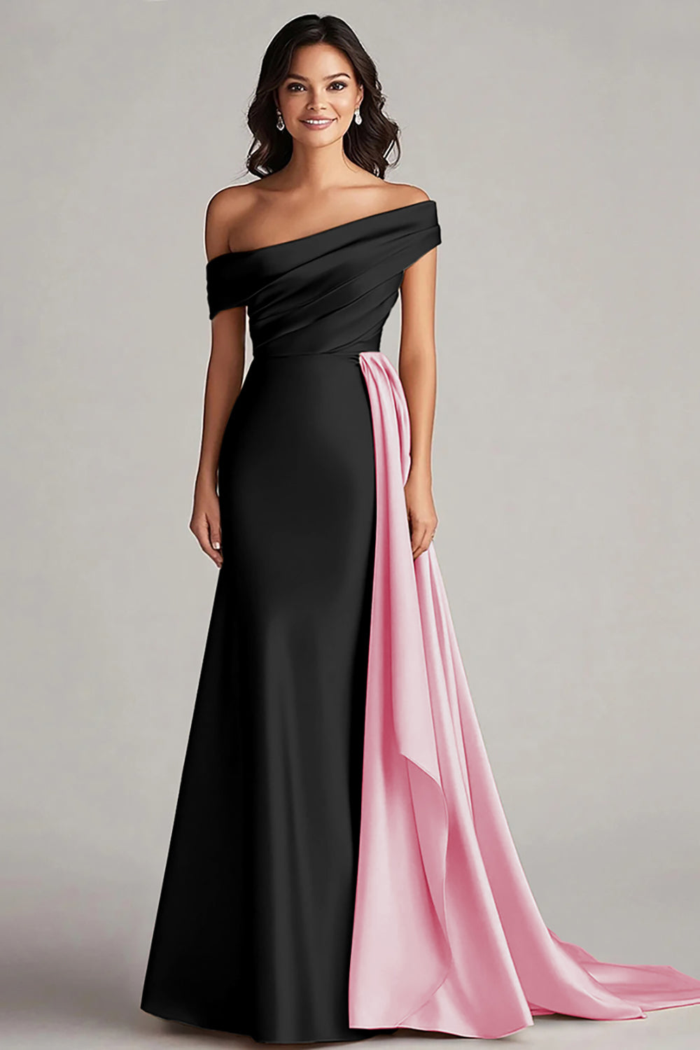 Black and Blue Satin Mermaid Off the Shoulder Long Formal Dress