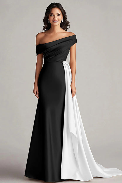 Black and Blue Satin Mermaid Off the Shoulder Long Formal Dress