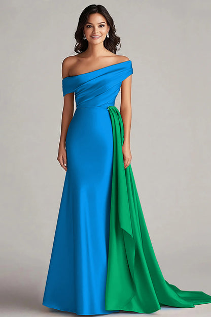 Black and Blue Satin Mermaid Off the Shoulder Long Formal Dress