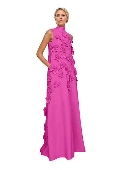 A Line High Neck Sleeveless Floor Length Stretch Crepe Dress With 3D Flowers