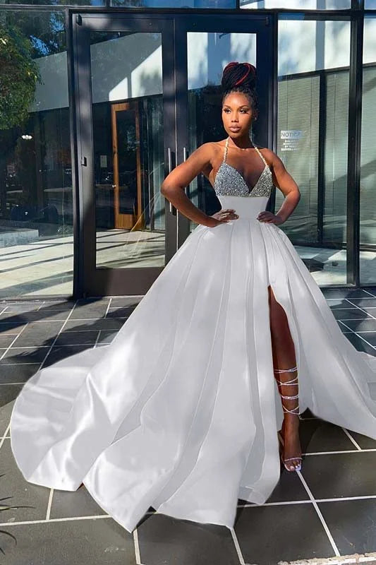 Glamorous Yellow Sequins V-Neck A-Line Prom Dress  Sleeveless With Split